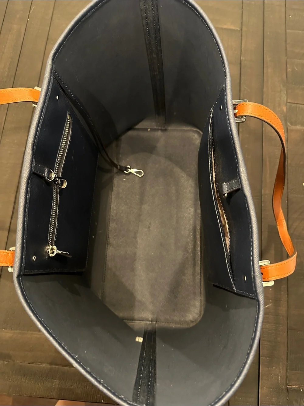 Michael Kors Striped Navy and White Tote with Brown Leather Handles